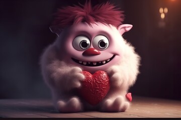Loveable Beast: Adorable Monster Holding a Heart for Cute Valentines