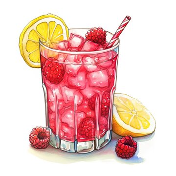 Raspberry lemonade with ice cubes and lemon slices on white background. Watercolor sketch. Summer cold drink with raspberries. AI generated.