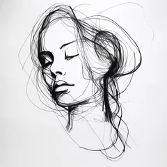 Ingelijste posters Een lijn A sketch of a woman with her eyes closed and her eyes closed. Portrait of a girl, sketch, monochrome illustration. Generative AI  © Helen-HD