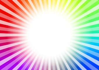 Obraz premium 虹色の集中線とフラッシュが中央で光る背景イメージ素材。A background image material in which a rainbow-colored concentration line and a flash shine in the center.