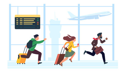 People are late for plane, men and women with baggage running through airport building. Travelers carrying with luggage and tickets. Landing airplane cartoon flat isolated vector concept
