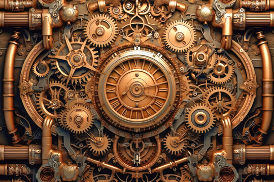steampunk background, clocks, generative ai