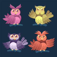 Set of multicolored owl stands on a branch of tree