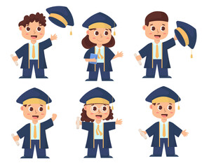 Set of Man and woman in graduation gowns different poses