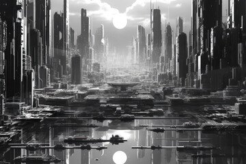 view of a cityscape with big buildingfuture concept, black and white, minimalist style, generative ai
