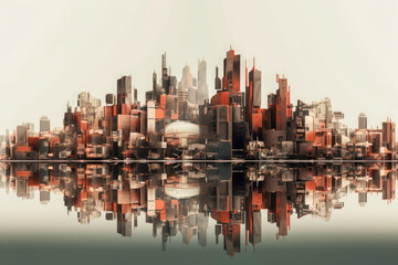 view of a cityscape with big buildingfuture concept, red, minimalist style, generative ai