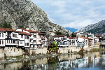 River scenes of old traditional Ottoman houses in Amasya, Turkey