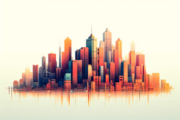 Obraz premium view of a cityscape with big buildings and its relfection, generative ai
