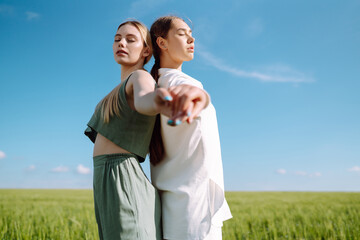 Two fashion woman in the green field. Fashion concept. Beautiful figures. Summer concept.