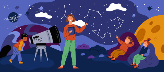 People study astronomy. Teacher guide tells children about space. Boys and girls looking at view of stars constellations in night sky. Excursion in observatory. Garish vector concept