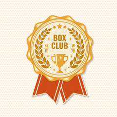Boxing club badge, logo, patch design. Vector illustration. For Boxing sport club emblem, sign, patch, shirt, template. Vintage retro patch, shirt, label, sticker with golden cup Silhouette.