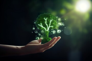 Fototapeta na wymiar Environmental Consciousness: Hand Holding a Green Tree with Energy Icons, hand holding, green tree, energy icons, environment, sustainability, renewable energy, 