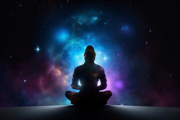 Galactic Bliss: Silhouette Meditating in Lotus Pose Amidst a Celestial Dance of Planets, meditation, silhouette, lotus pose, galaxy, planet, cosmic, bliss, serenity, tranquil, 