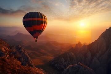Sunrise Adventure: Majestic Hot Air Balloon Soaring Above High Mountains, hot air balloon, sunrise, mountain, adventure, aerial view, majestic, scenic, landscape, nature,