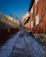 Gymnasiegr&auml;nd, "High school alley" in english. cobblestone, alley, High school alley, houses, snow, winter
