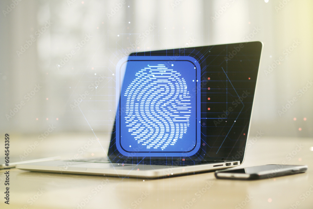 Poster Multi exposure of abstract creative fingerprint illustration on modern laptop background, digital access concept