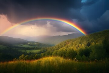 Obraz premium rainbow over the mountains, rainbow, sky, landscape, nature, clouds, field, grass, rain, cloud, summer, beautiful,