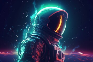 Obraz na płótnie Canvas Astronaut in a space suit and helmet in outer space in the background of the night city. Science fiction. 3D rendering. Neon Light, generative Ai