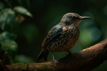 Fototapeta premium Close up Blue-bellied Thrush on a tree branch, generative Ai