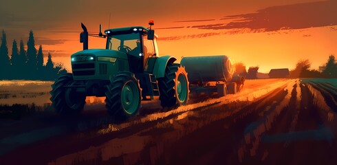 Sunset in the countryside. Tractor on a large field, creating beds to sow seeds into purified soil. The agricultural vehicle. Generative Ai.