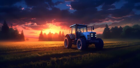 Sunset in the countryside. Tractor on a large field, creating beds to sow seeds into purified soil. The agricultural vehicle. Generative Ai.