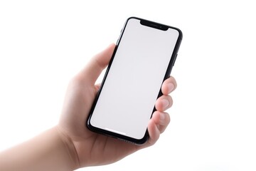 Hand holding Mobile phone with blank screen on white background. Generative Ai