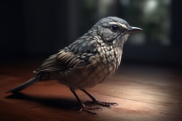 Fototapeta premium Bird on the wooden floor in the dark. Shallow depth of field., generative Ai