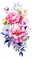 Beautiful realistic watercolor bouquet of flowers on a white background, vertical banner