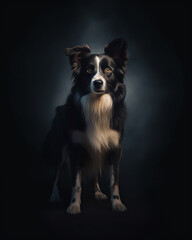 A border collie dog stands in a back background