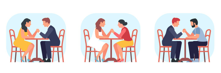 Set of men and women sitting and competing at table, arm wrestling at desk. Concept of life competition. Gender confrontation, armwrestling sport. Vector cartoon flat isolated illustration