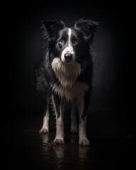 A border collie dog stands in a back background