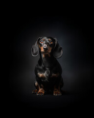 A Dachshund dog on a black background