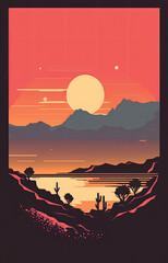 Sunset - Minimalistic flat design landscape illustration. Image for a wallpaper, background, postcard or poster. Generative AI