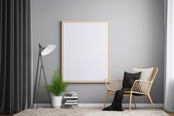 Minimalist Mockup: Contemporary Poster Frame Captured in Close-up, Standing Gracefully on the Floor, mockup, poster frame, close-up, standing, floor, minimalist, contemporary, interior design, 