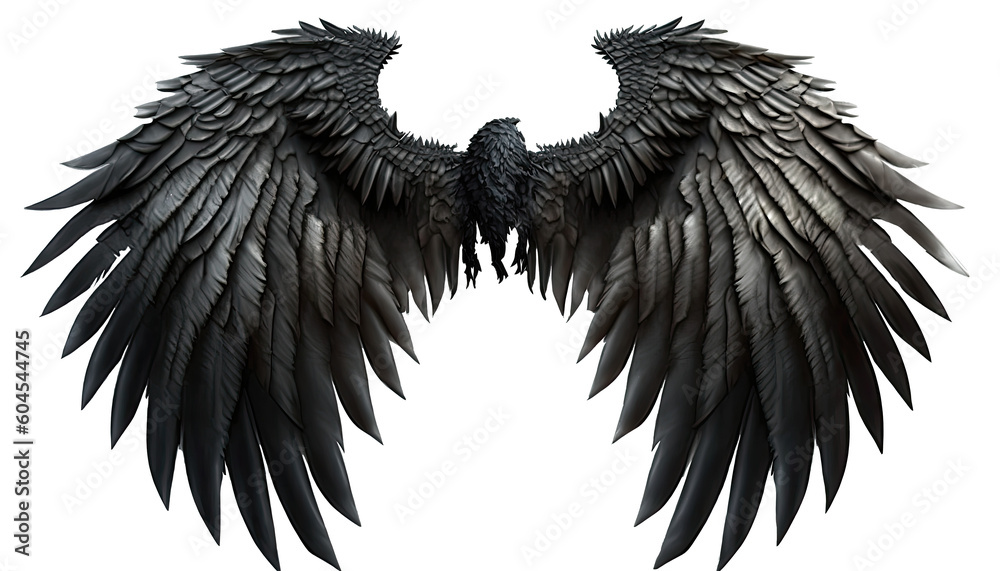 Wall mural pair of black wings with feathers isolated on transparent background. angel or bird style generative