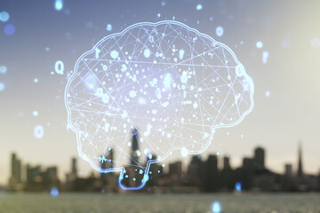Virtual creative artificial Intelligence hologram with human brain sketch on blurry skyscrapers background. Double exposure