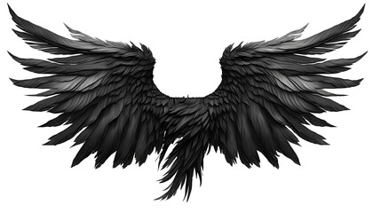 Pair of black wings with feathers isolated on transparent background.  Angel/bird style Generative AI 