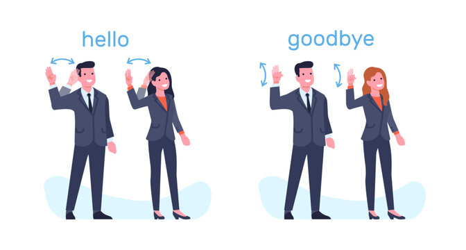Sign language of deaf people, man and woman showing greeting and farewell phrases. Hand gestures hello and goodbye, business people greet. Cartoon flat style isolated vector concept