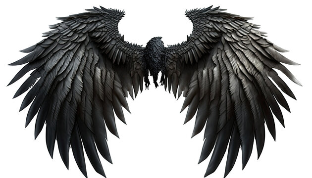 Pair of black wings with feathers isolated on transparent background.  Angel or bird style Generative AI 