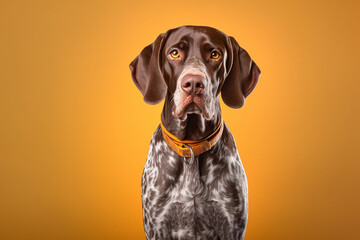 A photo of a Brown shorhaired dog on a orange background