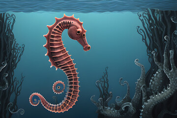ai-generated, illustration of a colorful seahorse swimming in the ocean