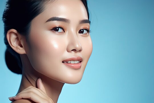 headshot of smiling beautiful asian brunette model on blue background Generative AI