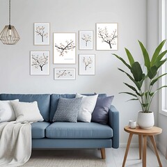 Modern spring Scandinavian living room interior. Wooden picture frame, poster mockup. Sofa with linen pale blue striped cushions. Cherry plum blossoms in a vase. Elegant stylish minimal home decor.
