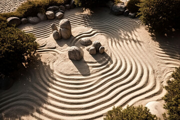 Fototapeta na wymiar Top view of a zen garden with carefully concentrically raked sand and rounded boulders, made with generative ai