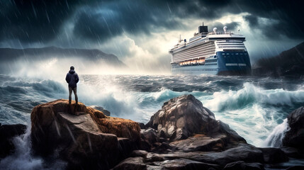 Rear view of a man on a rock observing a cruise ship in distress during an overnight storm with heavy rain, made with generative ai