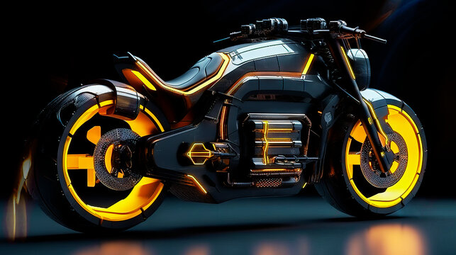 Study of a futuristic electric motorcycle in a minimalist yellow and black livery, made with generative ai