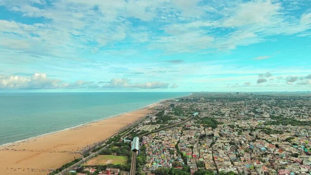 Chennai: Aerial view of famous city in India, iconic Marina Beach and blue waters of Bay of Bengal - landscape panorama of South Asia from above