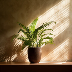 A indoor pot of a plant on a brown background, sunlight