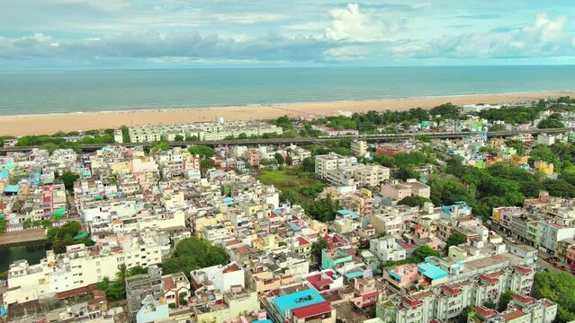 Chennai: Aerial view of famous city in India, iconic Marina Beach and blue waters of Bay of Bengal - landscape panorama of South Asia from above
