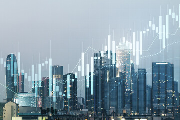 Fototapeta premium Double exposure of virtual creative financial diagram on Los Angeles office buildings background, banking and accounting concept